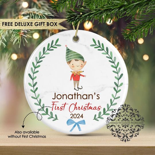 Baby's First Christmas Ornament - Personalized First Christmas Elf Ornament - Custom Baby Name Christmas Ornament - Baby Boy Elf Ornament
