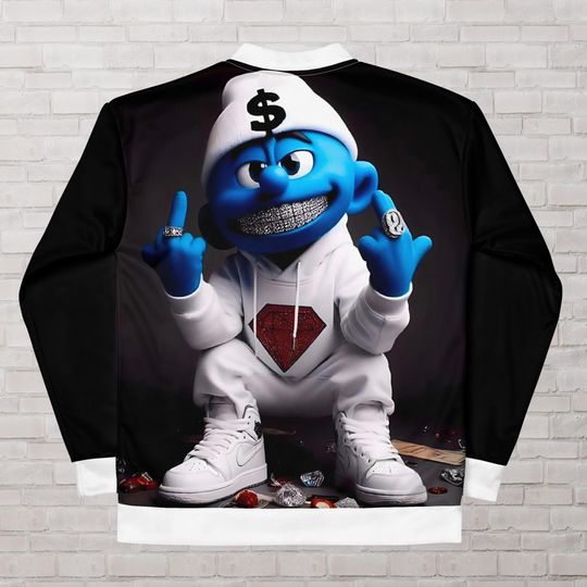 Smurf Jacket for men and women , Gangster Smurf , Fleece inside , Modern design , black smurf bomber jacket , Smurf design