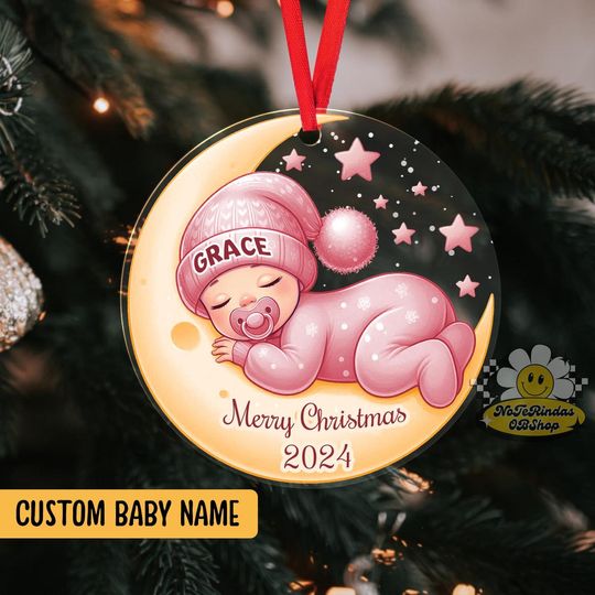 Personalized Baby's First Christmas Acrylic Ornament 2024,Baby Shower Gift,Baby Announcement Gift,Newborn Photo Gift,Baby Girl Xmas Keepsake