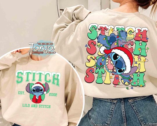 2-sided Cute Disney Santa Stitch Christmas Light Sweatshirt, Mickey's Very Merry Xmas Party Matching Shirt, Disneyland Vacation Family Gift