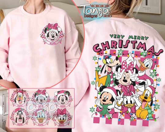 2-sided Personalized Mickey & Friend Pink Christmas Checkered Shirt, Disney Christmas Tee, Cute Pink Christmas Tee, Disney Holiday Xmas Gift