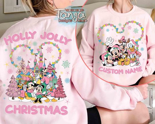 Customize  Santa Mickey & Friends Holly Jolly Pink Christmas Sweatshirt, Disney Mickey's Very Merry Christmas Matching Tee, WDW Family Trip