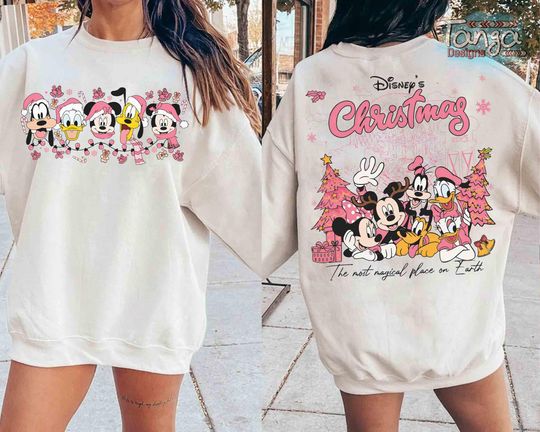 Two-sided Mickey And Friend Pink Christmas Tree Shirt, Disney Mickey's Very Merry Christmas Shirt, Cute Pink Xmas Shirt, Disney Holiday Gift