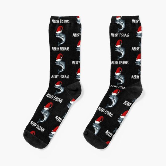  Funny Merry Fishmas Christmas Fishing Accessory Fisherman Angling Santa Hat Xmas gift Men's And Women's Fhishing Lovers Socks