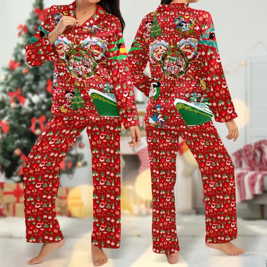 Mickey and Friends Cruise Christmas Pajamas Set, Mickey Mouse Xmas Party Shirt, Magic Kingdom Shirt, Mickey Santa Hat Women Pajamas