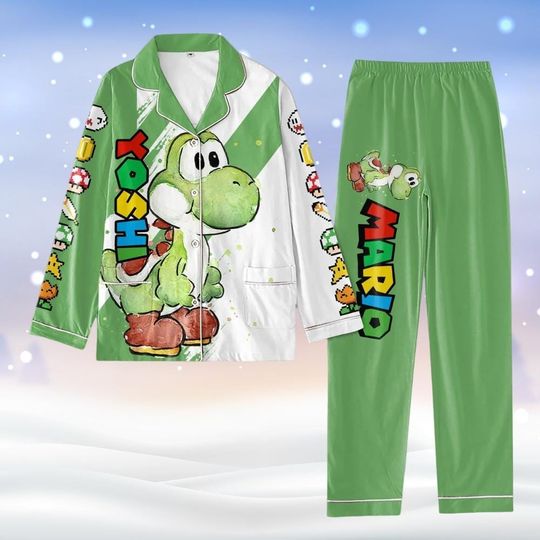 Super Mario Yoshi Christmas Pajamas, Mario Yoshi Xmas Holiday Pajamas, Super Mario Shirt, Video Game Shirt, Gift For Kids