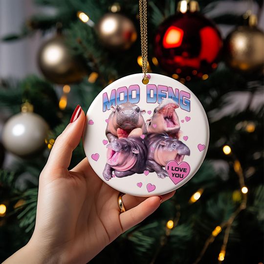 Moo Deng Ornament, Moo Deng I Love You Ornament, Moo Deng Christmas Ornament, Hippo Ornament, Animal Ornament