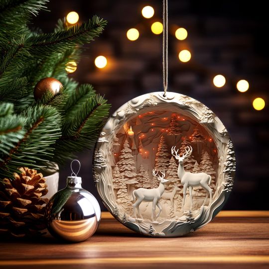 3D Effect Family Reindeer Christmas Ornament, Reindeer Ornament, Christmas Ornament Gift, Christmas Ornaments, Christmas Reindeer Decoration