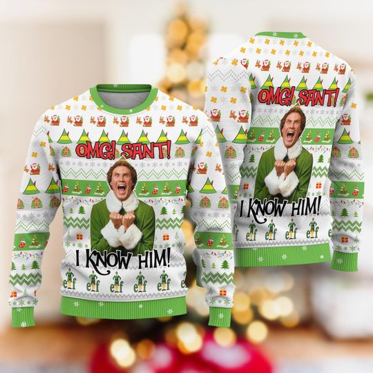 Buddy The Elf Christmas Sweater, OMG Santa I Know Him Sweater, Christmas Movie Sweater, Merry Christmas Elf Shirt, Xmas Party Sweater