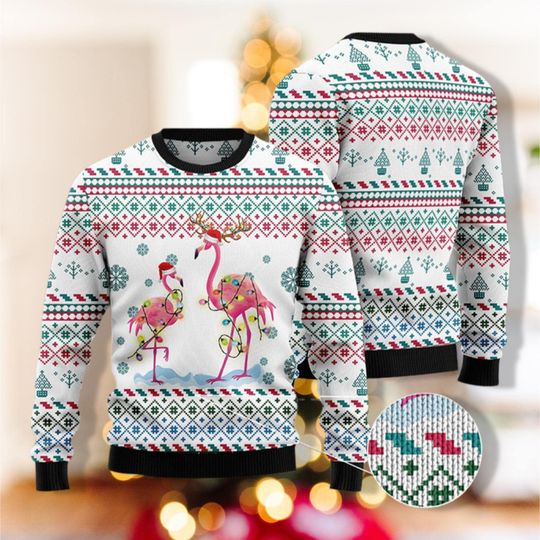 Flamingo Christmas Lights Sweater, Womens Christmas Shirt, Pink Flamingo Shirt, Merry Christmas Shirt, For Her Gift, Holiday Gift