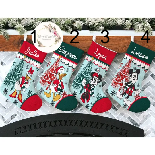 Personalized Mickey & friends Disney Christmas Stockings, Christmas tree Stockings With Name, Disney Family Christmas Gifts Stocking