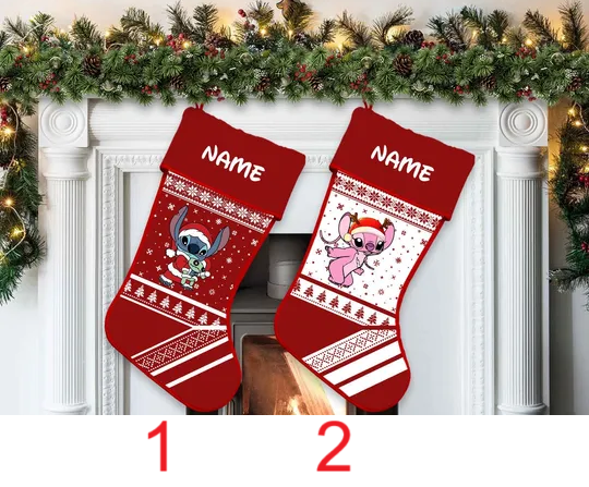 Personality Name Stitch And Angel Christmas Stocking, Family Christmas Stocking, Lilo And Stitch Stocking, Custom Stockings With Names