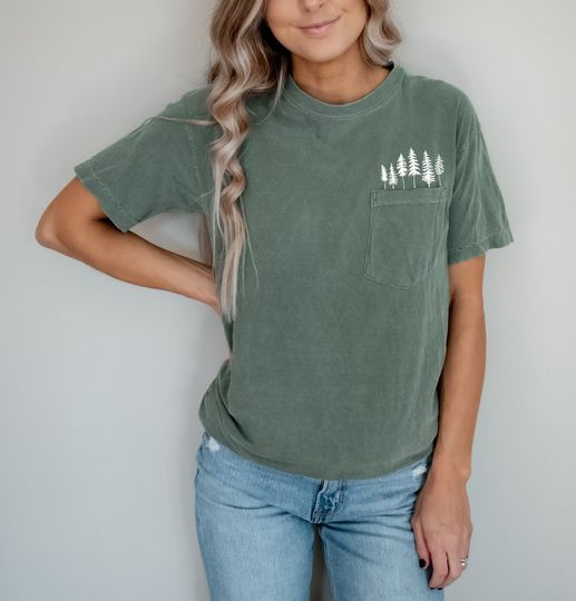 Nature Camping Trees Comfort Colors Pocket T Shirt, Floral Botanical Shirt, Flower Shirt, Nature Lover Plant shirts, Womens Graphic Tees