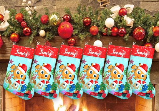 Nemo And Dory Xmas Stocking, Finding Nemo Christmas Stockings, Goldfish Blue Tang Christmas Socks Home Decoration, Custom Name