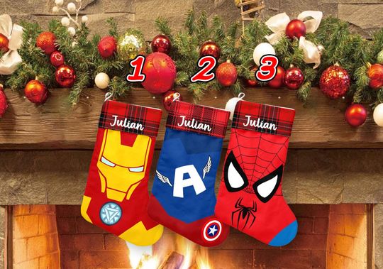 Custom Name Superhero Xmas Stocking, Captain America Christmas Stockings, Iron Man Spiderman Christmas Socks Home Decoration