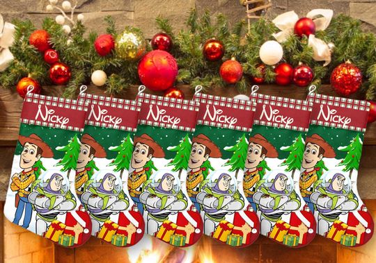 Woody And Buzz Lightyear Santa Hat Xmas Stocking, Toy Story Christmas Stockings, Christmas Socks Home Decoration, Custom Name