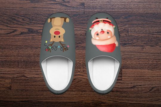 Merry Christmas Fluffy Slippers: Santa & Reindeer Designs | Funny, Cozy Indoor Home Slippers | Comfy Christmas Apparel Footwear