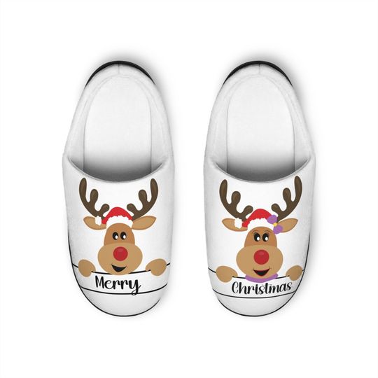 Merry Christmas Reindeer Womens Flannel Indoor House Slippers, Winter Warm Cozy Christmas Slippers, Gift for women, Matching Couple Slippers