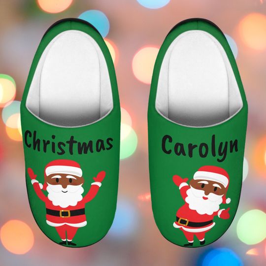 Black Santa 'Christmas Carolyn' Women's Indoor Slippers, Gift for Her, Personalized House Shoes