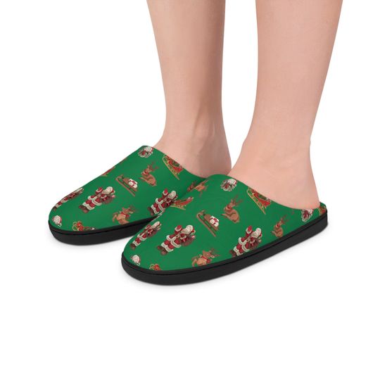 Green Christmas Slippers, Women's House Shoes, Santa and Reindeer, Gift for her, Ladies Christmas Gift