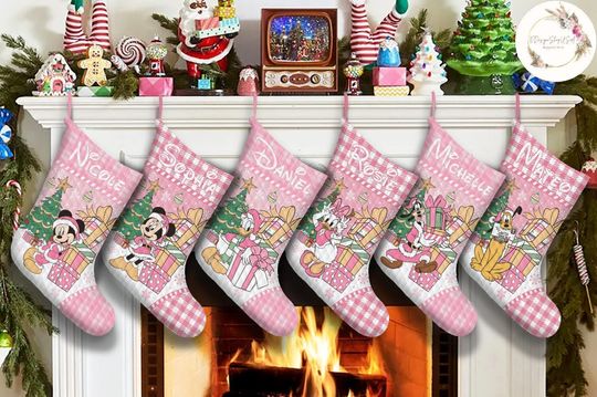 Personalized Pink Plaid Disney Christmas Stockings, Mickey and Friends Christmas Stockings With Name, Disney Princess Christmas Gifts