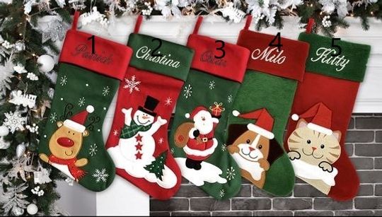 Custom Christmas Stocking - Ballantines Font - Traditional Design: Santa, Reindeer, Snowman