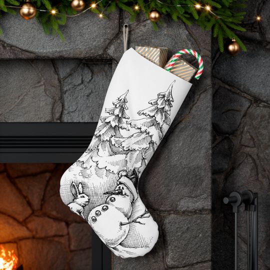 Santa Stocking, Merry and Bright Christmas Stocking, Fun Festive Snowman and Christmas Bunny Xmas Stocking