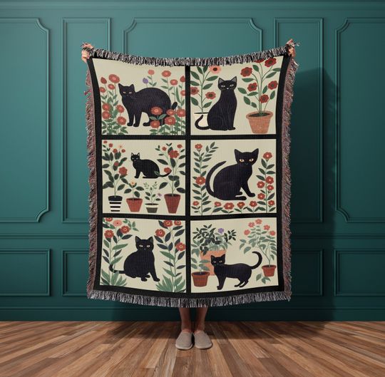 Black Cat Floral Woven Blanket