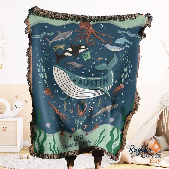 Ocean Personalized Blanket: Woven Blanket, Ocean Baby Blanket, Kids and Toddler Bedroom, New Baby Gift
