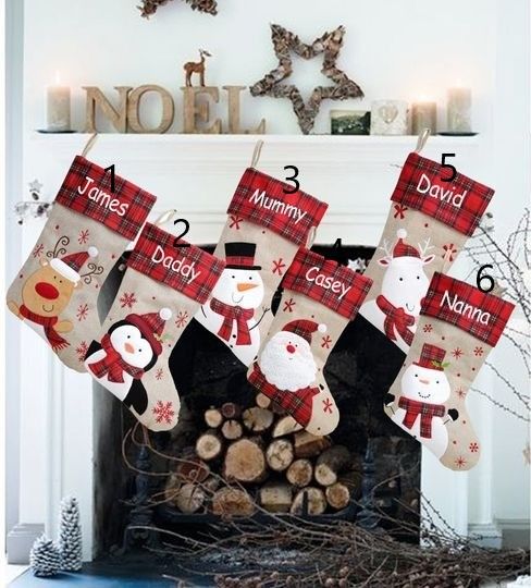 Personalised Christmas stocking embroidered, red tartan buffalo plaid hessian design