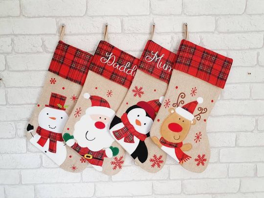 Personalised Tartan Christmas Stocking~Traditional Christmas Stocking~Xmas Stocking~Penguin~Father Christmas~Santa~Reindeer~Snowman