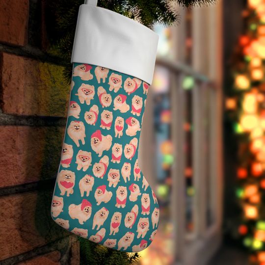 Cute Pomeranian dog Merry Xmas pattern Holiday Stocking, Kawaii Pomeranian Xmas Home decor, Pom Holiday Stocking, Merry Christmas Stocking