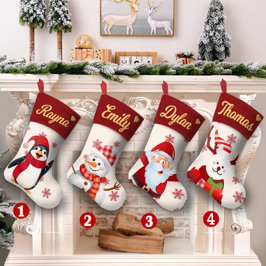 Personalized Christmas Stockings, Custom Name Family Christmas Stockings, Snowman Penguin Santa Reindeer Stocking For Toddler Kid, Xmas Gift