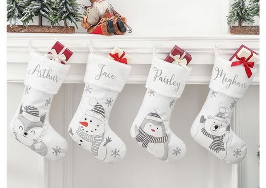 PERSONALISED:  your name grey/white character Christmas xmas stocking santa, presents  family matching fox, snowman, penguin, polar bear