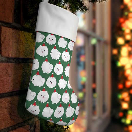 White Cute Pomeranian dog Xmas pattern Holiday Stocking, Kawaii Pomeranian Xmas Home decor, cute Pom Holiday Stocking, Christmas Stocking