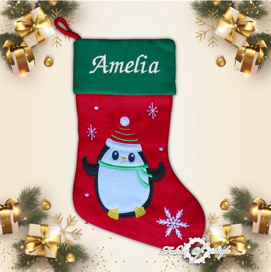 Personalised Christmas Stocking Luxury Embroidered Xmas Stockings Boy Girl Santa  Lined Penguin