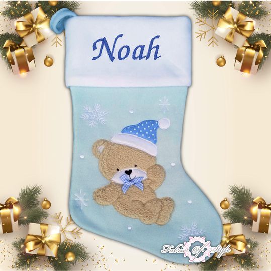 Personalised Christmas Stocking Luxury Embroidered Xmas Stockings Boy Girl Santa Fully Lined Baby Blue