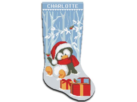 Cross Stitch Stocking Pattern PDF, Modern Counted Cute Penguin, Birds Easy Design for Beginner, Needlepoint Christmas Stockings for Download