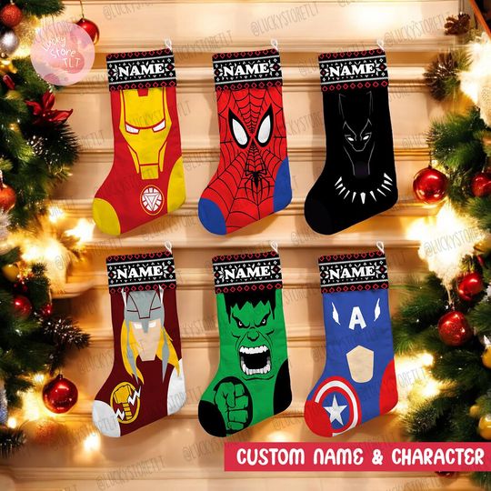 Personalized Superhero Characters Disney Christmas Stocking, Marvel Ironman Spiderman Stocking With Name, Disney Family Christmas Gifts 2024