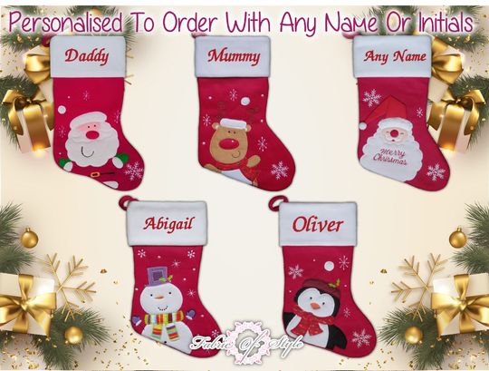 Personalised Christmas Stocking Luxury Embroidered Xmas Stockings Sack Boy Girl Santa Red and White