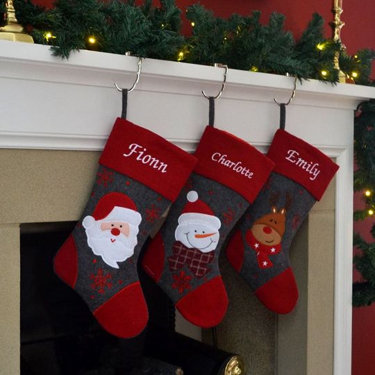 Personalised Red and Grey Christmas Stocking with Santa, Snowman or Reindeer