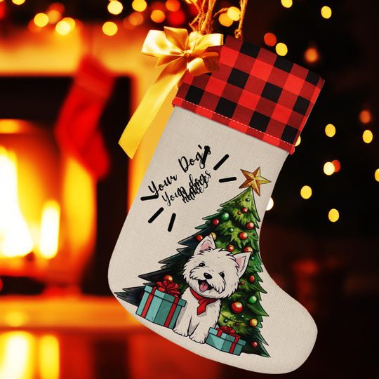 Westie Gift, Westie dog Christmas Stocking, Personalized Westie dog stockings, Custom Christmas plaid dog stockings, Westie Christmas gift