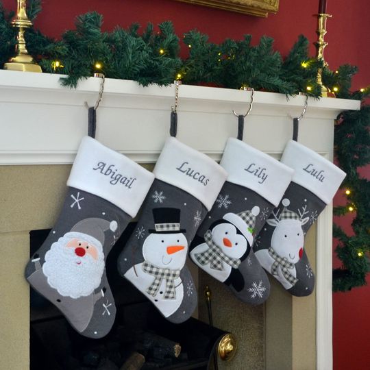 Luxury Deluxe Dark Silver Knitted Personalised Embroidered Christmas Stocking Santa / Snowman / Reindeer / Penguin / Bones Pet Stocking