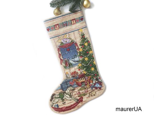 Personalised Christmas stocking North Woods Christmas Heirloom Stocking Kooler design studio Custom cross stitch Xmas decor Made to order