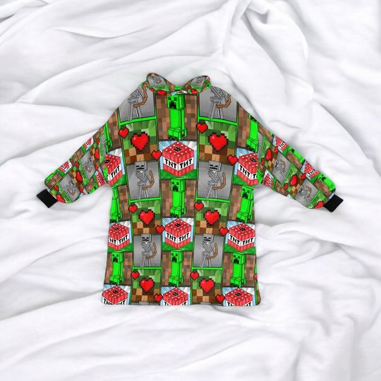 Childrens Blanket Hoodie, Minecraft Cozy Comfort with TNT, Creepersm Skeletons
