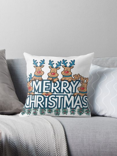 blue and white chrismas reindeer and friend merry chrismas Pillow