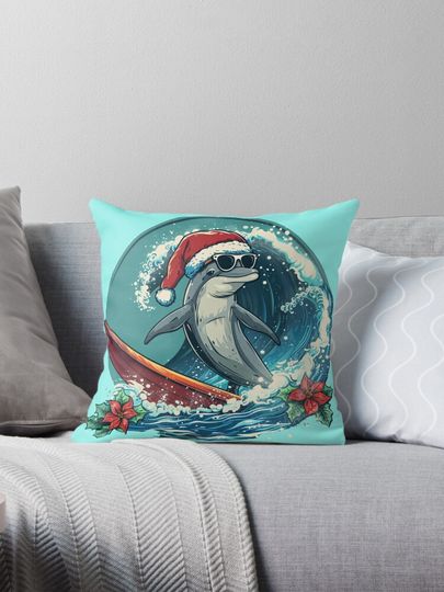 Chrismas In July Dolphin Surfing Pillow