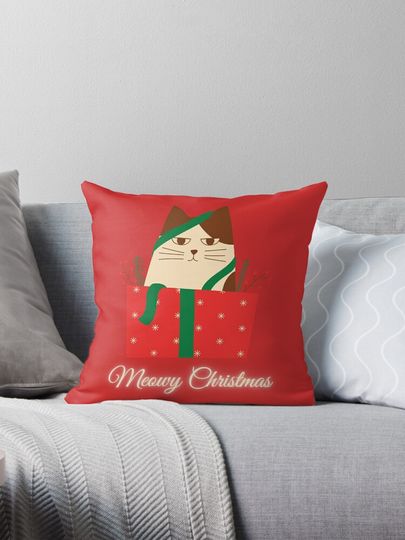 Meowy Fluffmas Merry Chrismas Cat in a Xmas box Pillow