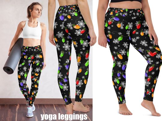 Christmas Tree Lights Yoga Leggings Women Gift Snowflakes Decoration Capris Festive Workout Fitness Outfit Colorful Pants String Bulbs Gym