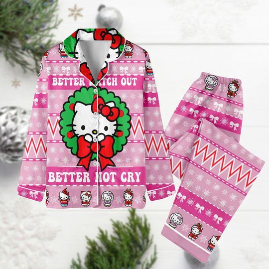 Kitty Christmas Pajamas Set, Hello Kitty Santa Clause Pj Set Pants, Kitty Cat Santa Hat Pajamas Family, Disney Cartoon Xmas Holiday Paj